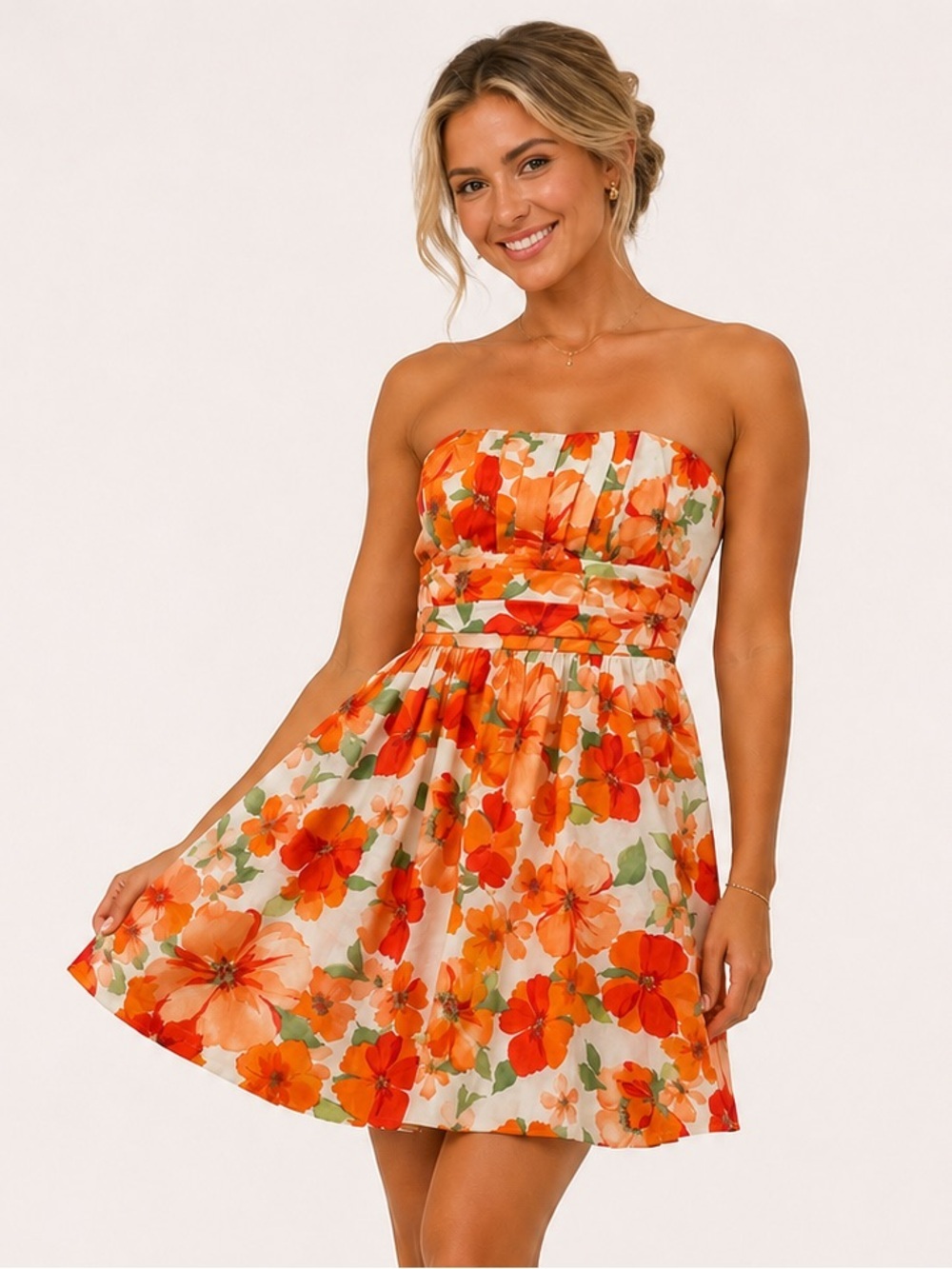 David’s Bridal Strapless Mini Dress Floral Orange Cream Green Size 12